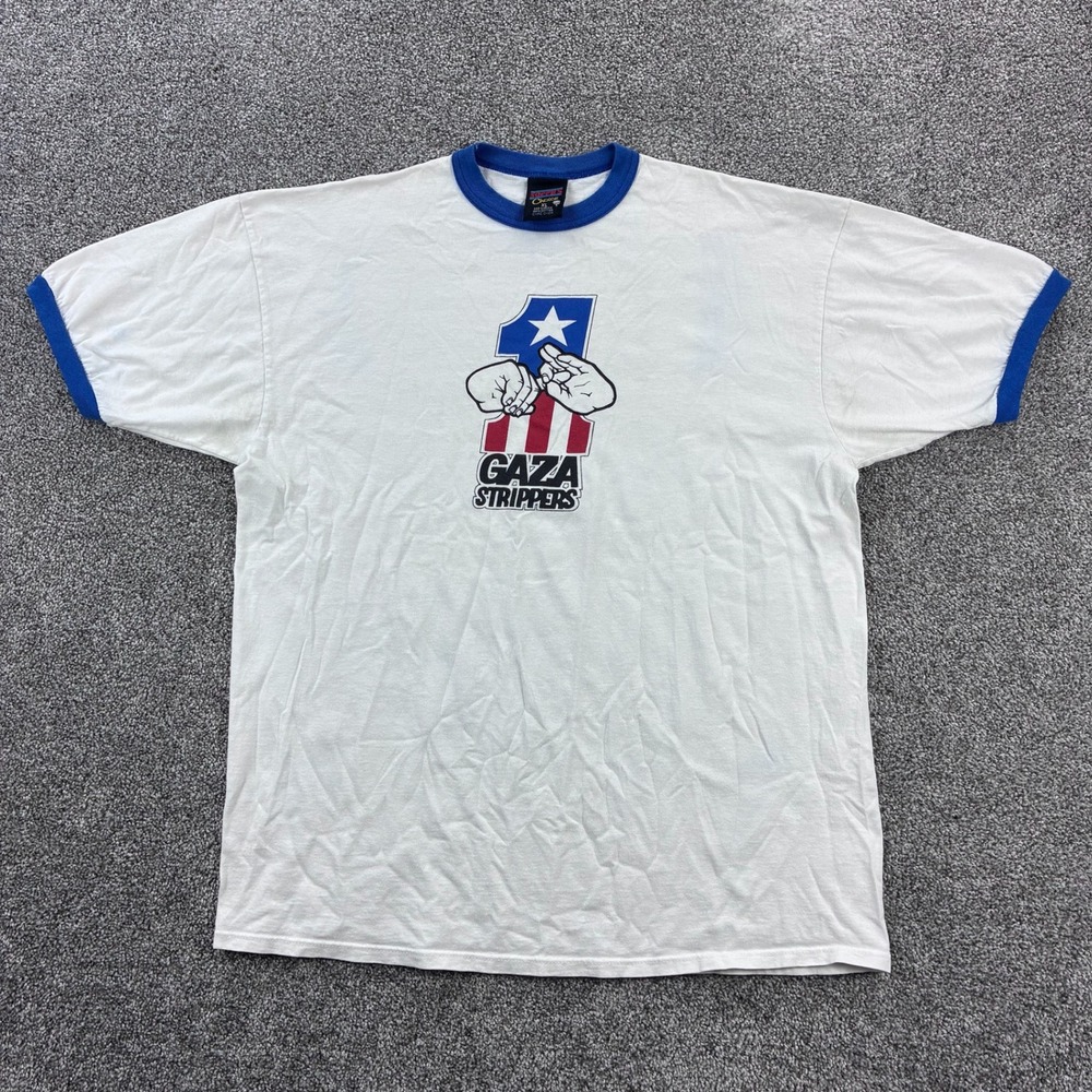 Vintage Gaza Strippers Shirt Mens XL White Blue Ringer Garage Punk Band Music